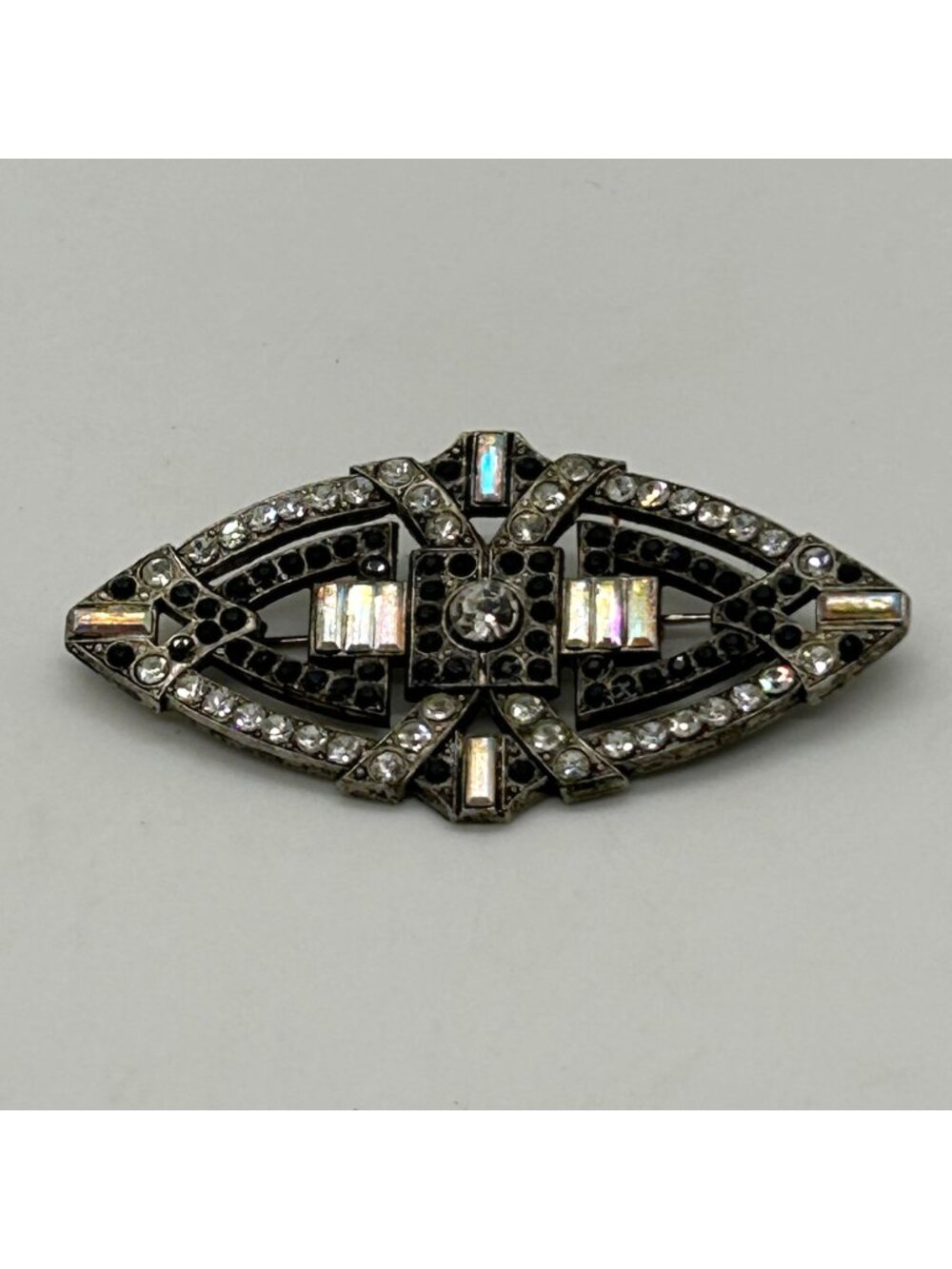 Vintage Art Deco Style Brooch Silver-tone Black & Clear Rhinestone Geometric Pin